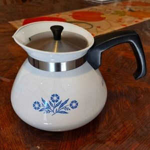 Vintage Corning Blue Cornflower Tea / coffee kettle with silver lid